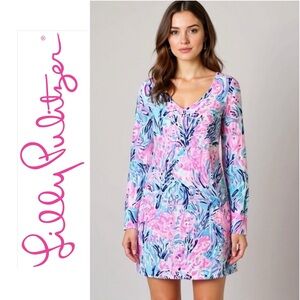 Lilly Pulitzer Davie Dress Long Sleeve Periwinkle Fan Sea Pants Size XL NWOT